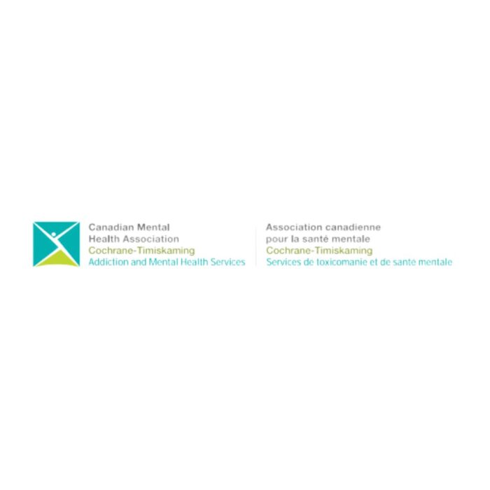 Timmins Care Logos of the Canadian Mental Health Association Cochrane-Timiskaming, Timmins Care, and Addiction and Mental Health Services side by side with bilingual text in English and French. Cochrane District Social Services Administration Board
