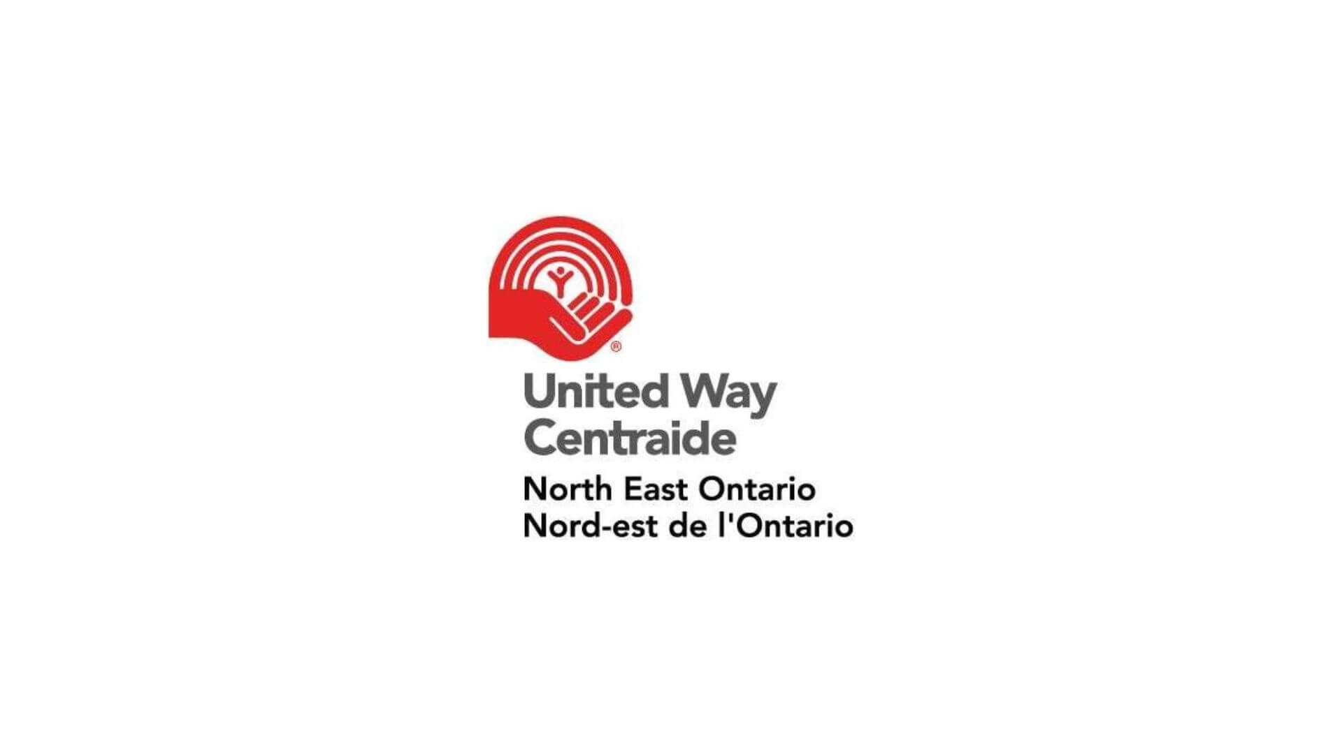 Timmins Care Logo of United Way Centraide for North East Ontario, featuring a red hand with a white swoosh pattern on it, proudly serving Timmins and the Cochrane District Social Services Administration Board. Cochrane District Social Services Administration Board