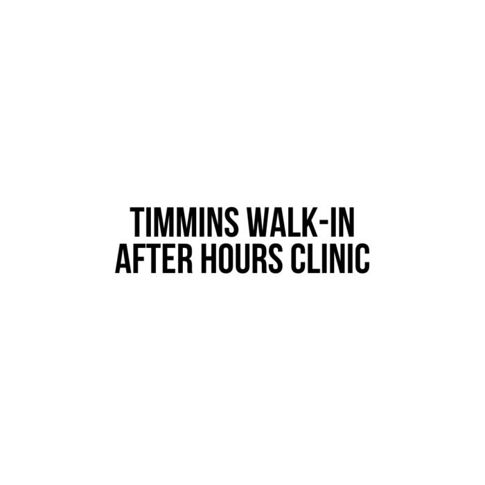 Timmins Care Black text reading "timmins walk-in after hours clinic" centered on a white background. Cochrane District Social Services Administration Board