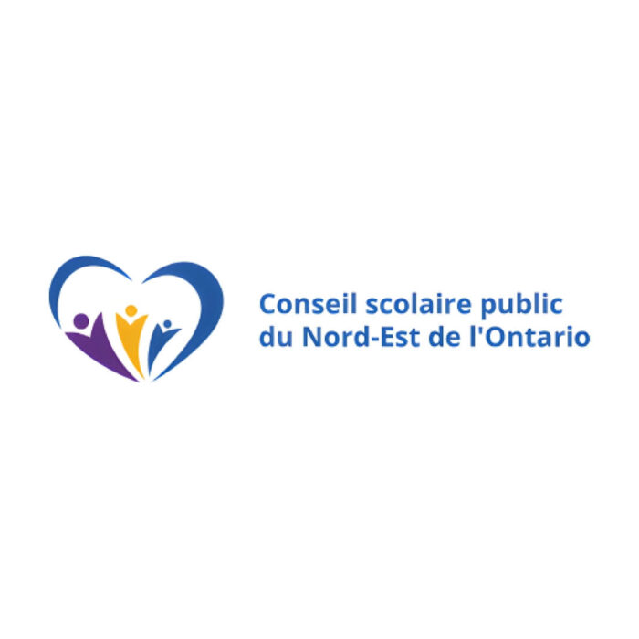 Timmins Care Logo of the conseil scolaire public du nord-est de l'ontario, featuring a stylized heart with abstract human figures in blue, yellow, and purple. Cochrane District Social Services Administration Board
