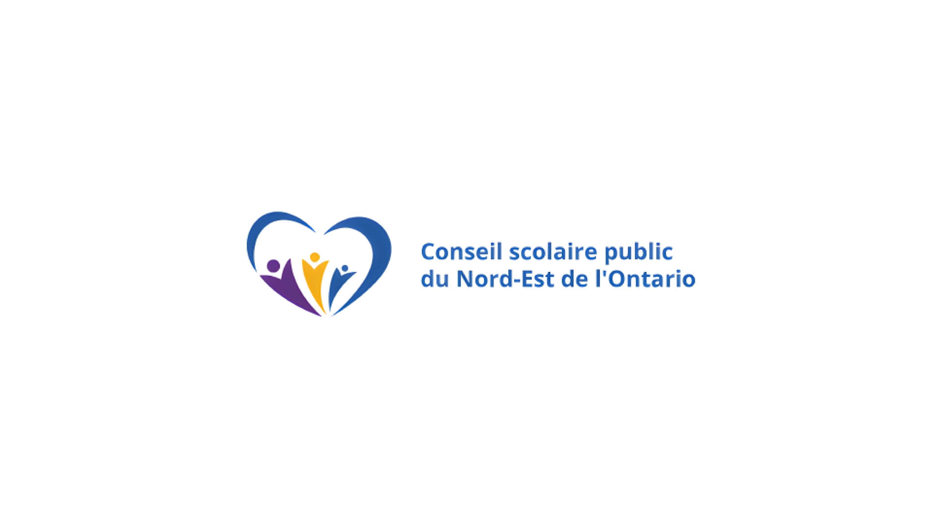 Timmins Care Logo of the conseil scolaire public du nord-est de l'ontario, featuring a stylized heart with abstract human figures in blue, yellow, and purple. Cochrane District Social Services Administration Board