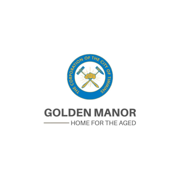 Timmins Care Logo of golden manor, home for the aged, featuring a blue and yellow emblem with a wheel and wheat, placed above the institution's name on a white background. Cochrane District Social Services Administration Board