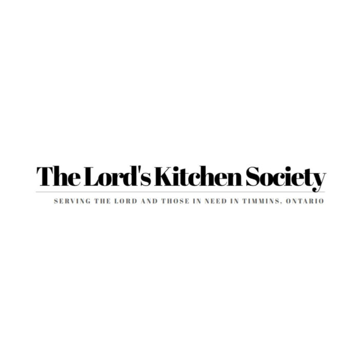 Timmins Care Logo of the lord's kitchen society, featuring text that reads "serving the lord and those in need in timmins, ontario" beneath the main title. Cochrane District Social Services Administration Board
