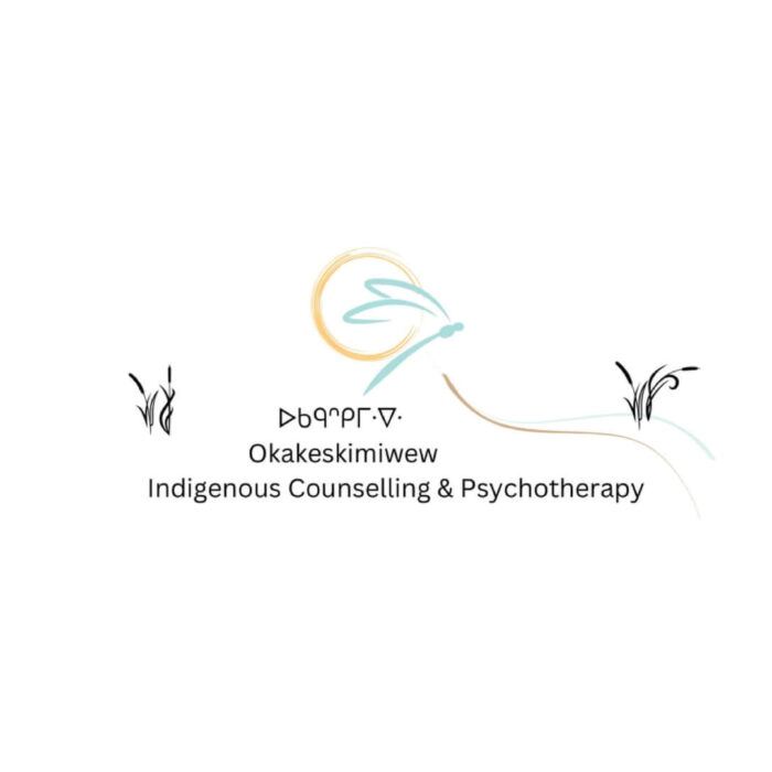 Timmins Care Logo of oḵałkesimłiwew indigenous counselling & psychotherapy featuring a stylized feather and plant designs in turquoise and gray. Cochrane District Social Services Administration Board