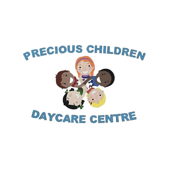 Timmins Care Logo of precious children daycare centre featuring a joyful caregiver surrounded by four diverse children, with text in a circular arrangement. Cochrane District Social Services Administration Board