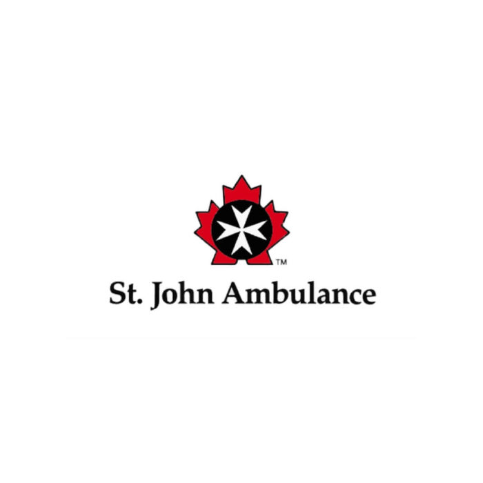 Timmins Care Logo of st. john ambulance featuring a white and red maple leaf merged with a cross, on a white background, with text below. Cochrane District Social Services Administration Board