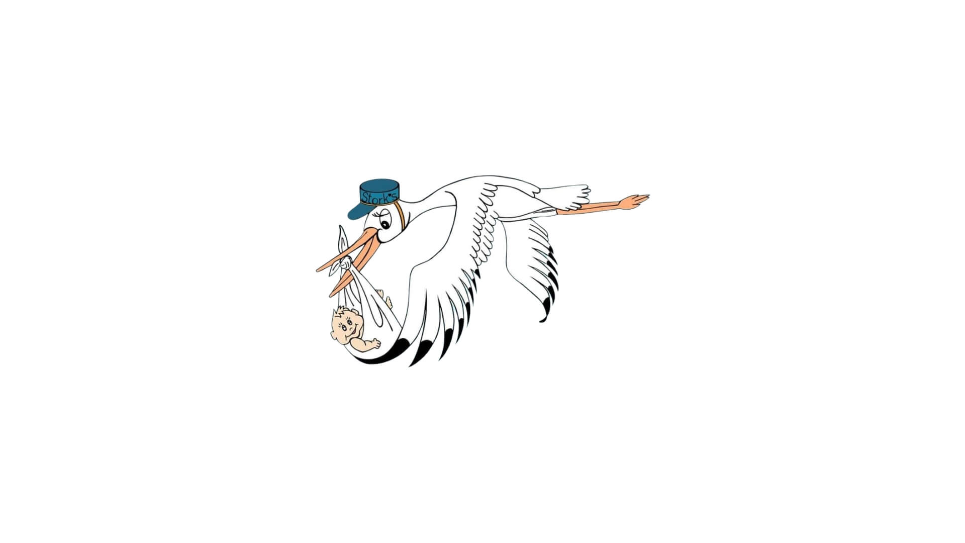 Timmins Care Illustration of a stork wearing a cap, flying while carrying a baby bundled in a cloth in its beak. Cochrane District Social Services Administration Board