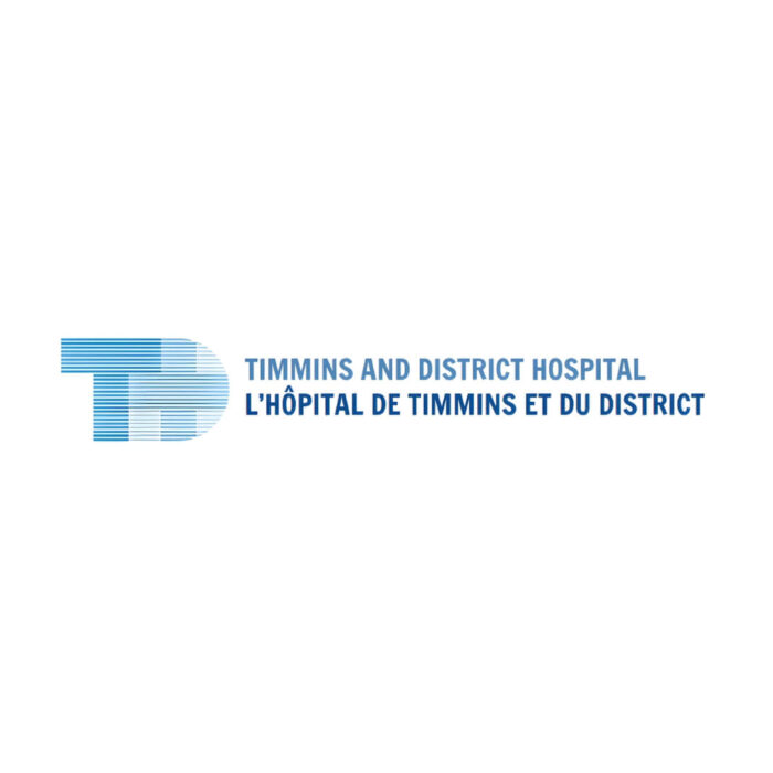 Timmins Care Logo of timmins and district hospital, featuring a stylized letter "t" in blue, next to the hospital name in english and french. Cochrane District Social Services Administration Board
