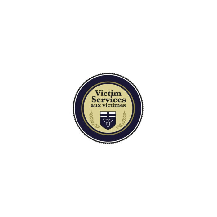Timmins Care Logo of victim services featuring a shield, text, and bilingual titles in english and french on a navy blue background. Cochrane District Social Services Administration Board