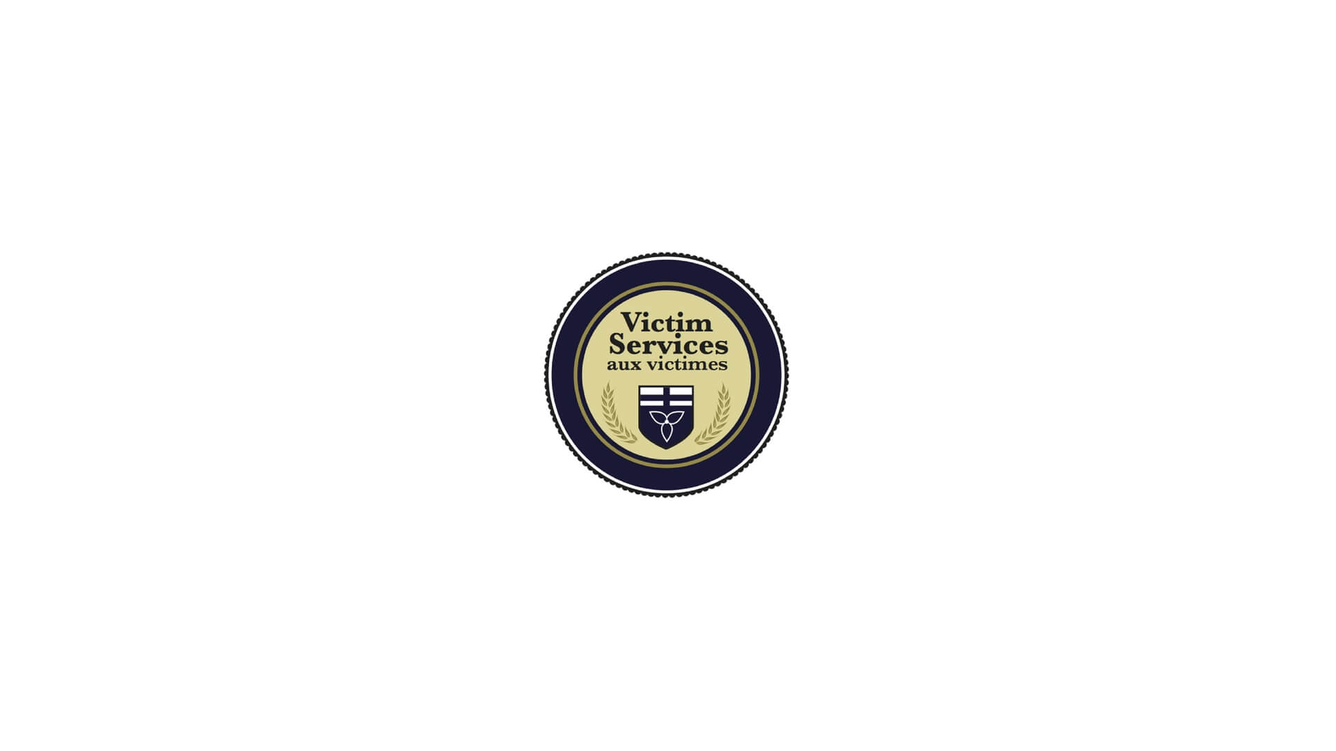 Timmins Care Logo of victim services featuring a shield, text, and bilingual titles in english and french on a navy blue background. Cochrane District Social Services Administration Board