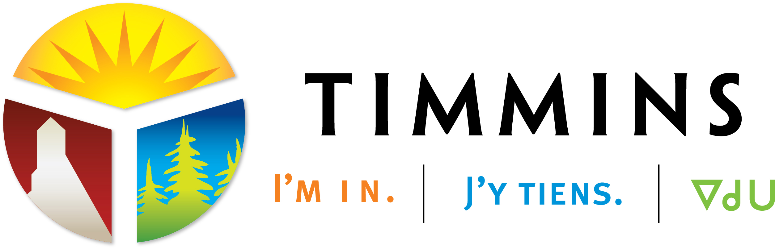 Timmins Care Timmins logo with stylized yellow sun, red chimney, green tree, and blue sky elements. Text reads “TIMMINS” and the phrases “I’M IN.”, “J'Y TIENS.”, and “vDu”. Cochrane District Social Services Administration Board