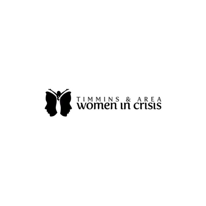 Timmins Care Logo of timmins & area women in crisis featuring a black butterfly silhouette next to the organization's name in black text on a white background. Cochrane District Social Services Administration Board
